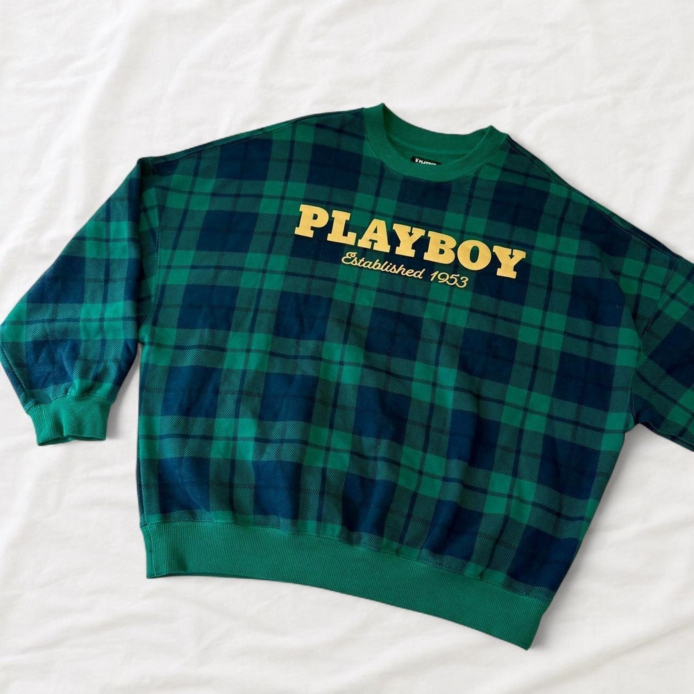 Playboy x PacSun oversized green and blue plaid cotton sweatshirt size XS